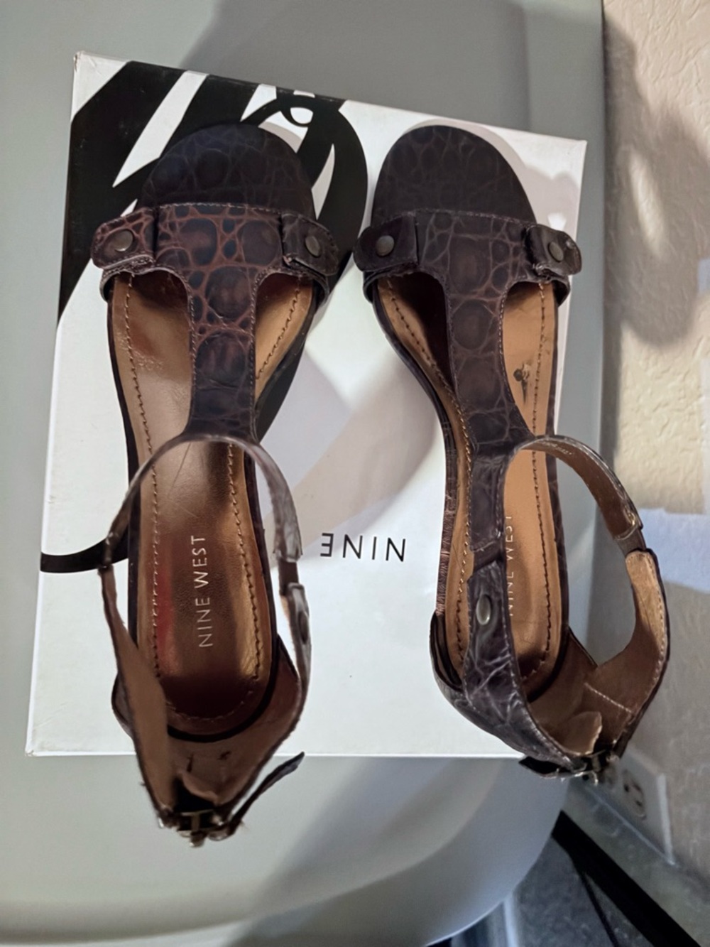 Nine West Dark Brown T-Strap Kitten Heel Sandals - Picture 3 of 5